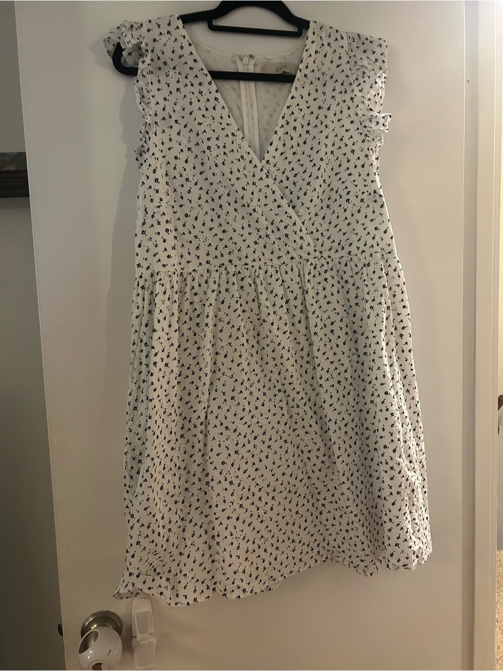 LOFT White Dress with Black Floral Print - Ruffle Sleeves